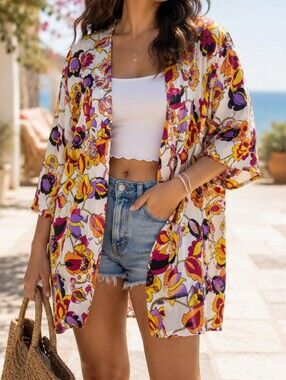ModCloth Floral Abstract Bell Sleeve Kimono | Boho Lightweight Open Front Jacket